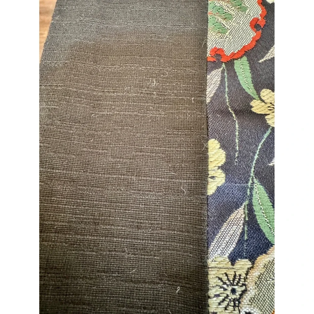 VTG Japanese Kimono Silk Brocade‎ Table Runner Black Navy Butterfly Floral 12x58